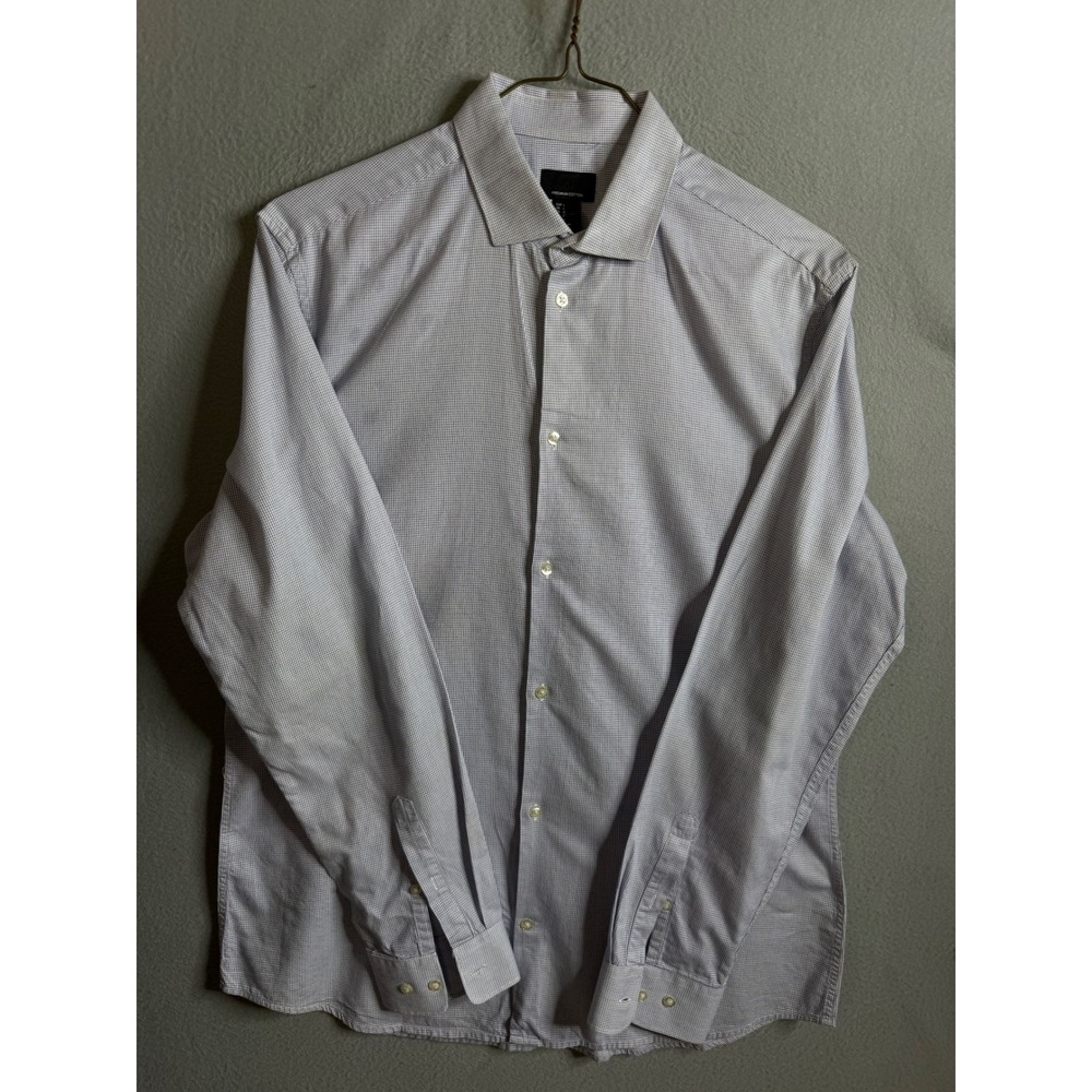 H&M Dress Shirt Men's Large Premium Cotton Blue Checkered Long Sleeve